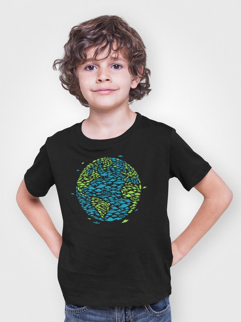 May include: A black t-shirt with a graphic of a blue and green earth made up of fish and leaves.