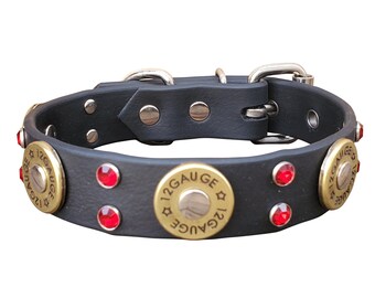 1" zwarte Franse Bulldog-hondenhalsband - jachtgeweerhalsband rode kristallen