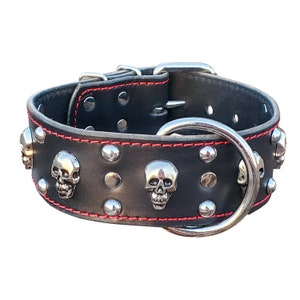 Black Leather Studded Skull Collar - 2&quot; Large Leather Dog Collar