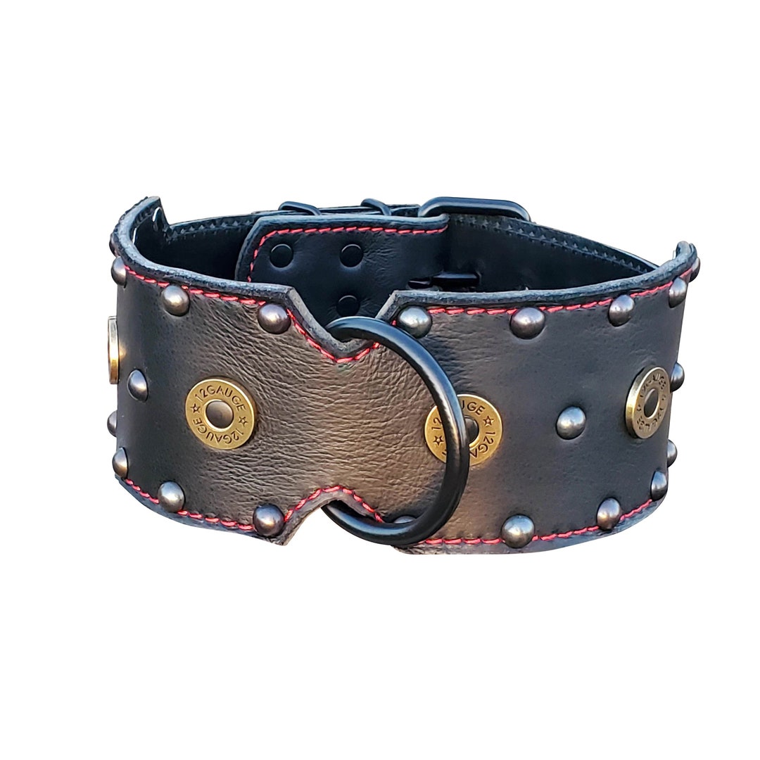 Wide Cane Corso Black Leather Dog Collar Shotgun Shell Studded Collar
