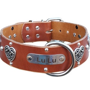 2" Wide Brown Cane Corso Leather Dog Collar with Celtic Hearts and Personalized Engraved Name Plate