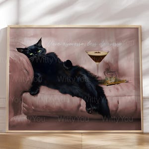 Mais Espresso Menos Depresso Arte de parede com estampa de gato preto, sofá, arte de parede com citação engraçada, estação de café, espresso, martini, cartão de bar, apartamento rosa fofo