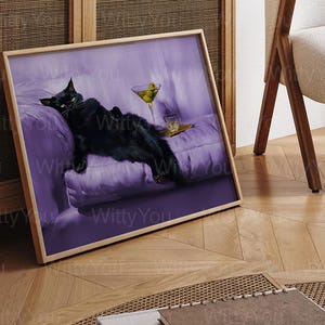 Art mural carte de bar avec canapé chat noir et verre à martini extra sec Impression d'art Cocktail original original et fantaisiste, affiche encadrée, décoration tendance