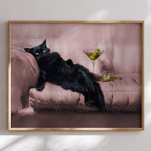 black cat couch light pink extra dry espresso martini wall art prints Cute Quirky Whimsical Cocktail Bar Cart Poster Trendy framed Fine Art