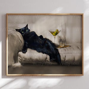 extra suche brudne martini czarny kot kanapa mid century modern malarstwo zabawny plakat oprawiony i nieoprawiony Cocktail Bar Cart wydruki portret zwierzaka
