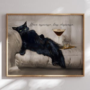 Chat noir canapé martini expresso art mural drôle bar carte décor impression Plus d'espresso moins de Depresso affiche de cocktail moderne encadrée drôle