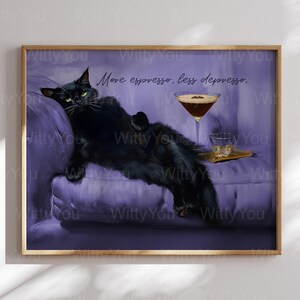 black cat couch print purple wall art framed bar card More Espresso Less Depresso Wall Art martini glass framed funny cocktail poster