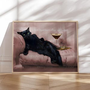 Più Espresso, meno Depresso. Arte murale con citazione di un gatto nero. Arte murale con stazione del caffè. Stampa di biglietti da bar con espresso e martini. Carino rosa. Appartamento. Citazione retrò.
