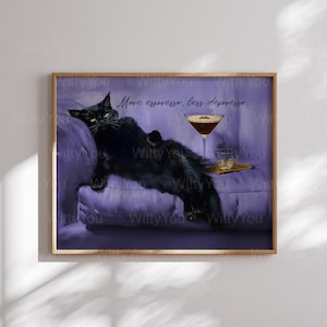 paarse muurkunst ingelijste barkaart More Espresso Less Depresso Wall Art zwarte kat met martiniglas