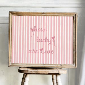 How Lucky Are We wall art apartment decor pink Stripe Trendy Aesthetic Prints Cute cottagecore Home Decor Positive Quote Framed heart poster