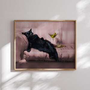 pink wall art with Black Cat with Martini Art Print Cute Quirky Whimsical Cocktail Art Bar Cart Decor Fine Art Print Gift Trendy Home decor