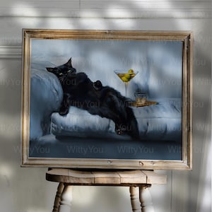 blue wall art with Black Cat extra dry Martini Art Print Cute Quirky Whimsical Cocktail Art Bar Cart Decor Fine Art Print Gift Trendy poster