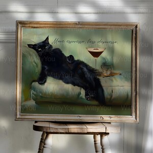 Plus d'espresso Moins de dépression Impression murale chat noir, affiche de chat café, art de cuisine, carte de bar, oeuvre d'art mural unique, sans cadre, espresso martini avec cadre