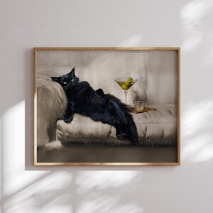 mid century modern painting black cat martini print framed and unframed Cocktail Art Bar Cart Decor Fine Art Print Gift Trendy Home Wall Art