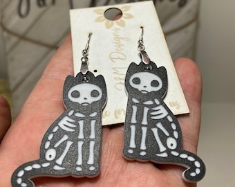 Black cat earrings, skeleton earrings, Halloween dangle earrings, engraved earrings
