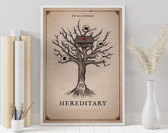 May include: A vintage-style poster with a black and white illustration of a tree with a house in the branches. The text "Evil runs in the family." is at the top of the poster, and the text "HEREDITARY" is at the bottom.