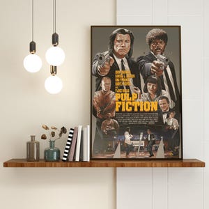 May include: A vintage movie poster for the film Pulp Fiction, featuring John Travolta, Samuel L. Jackson, Uma Thurman, and Bruce Willis. The poster is in a brown frame and is hanging on a wall.