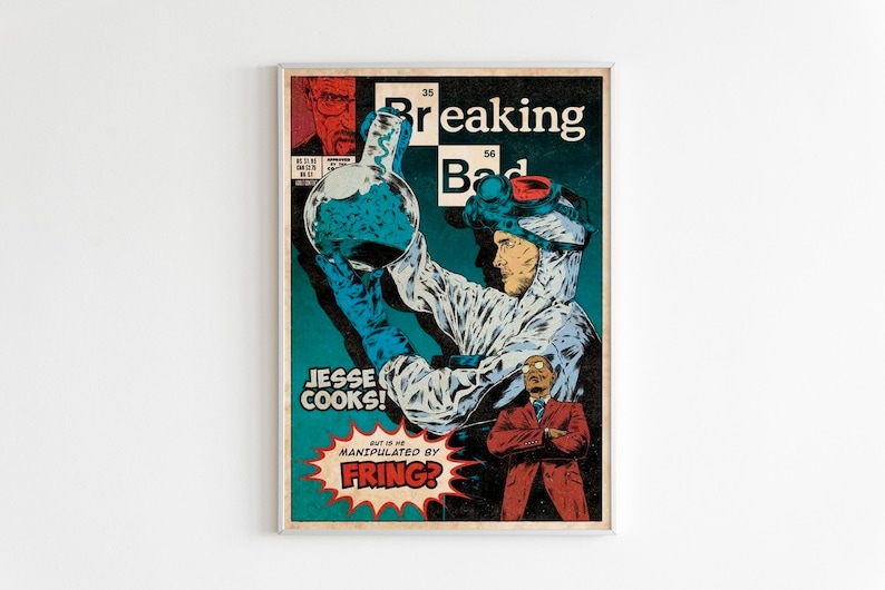 May include: A comic book cover featuring a character in a white lab coat and a gas mask holding a blue flask. The cover is titled "Breaking Bad" and features the text "Jesse Cooks! But is he manipulated by FRING?"