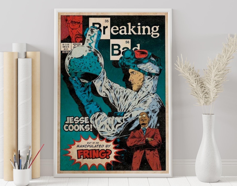 May include: A comic book cover with a blue and green background. The title is "Breaking Bad" with the number 56. The main character is wearing a white lab coat and a gas mask. The text below the character says "Jesse Cooks!" and "But is he manipulated by FRING?"