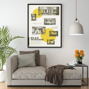 K&ouml;nnte beinhalten: Ein Vintage-Filmplakat f&uuml;r den Film "Das Fenster zum Hof" unter der Regie von Alfred Hitchcock. Das Plakat zeigt ein Schwarzwei&szlig;bild eines Mannes, der aus einem Fenster schaut, mit einem gelben Kreis hinter ihm. Der Text auf dem Plakat lautet "Ein Film von Alfred Hitchcock", "Das Fenster zum Hof", "Mit James Stewart und Grace Kelly" und "Paramount Pictures".