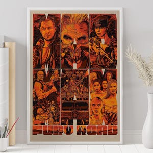 May include: A poster for the movie Mad Max: Fury Road featuring a collage of characters from the film. The poster is in a red, orange, and yellow color scheme. The text "Mad Max: Fury Road" is at the bottom of the poster.