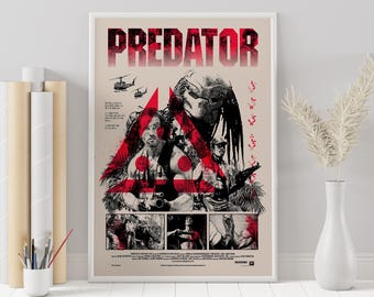 May include: A vintage style poster for the movie Predator. The poster features a red and black color scheme with a large image of the Predator in the center. The title "Predator" is written in large, bold letters at the top of the poster. The poster also features images of the characters from the movie, including Arnold Schwarzenegger.