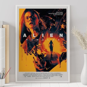 May include: A movie poster for the film "Alien: Romulus" featuring a woman in a dark, futuristic setting with a large, menacing alien creature in the background. The poster is predominantly orange and yellow with black and white accents. The text "Alien: Romulus" is prominently displayed in the center of the poster.