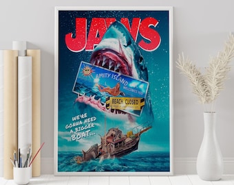 Jaws-filmaffisch: Minimalistisk retroväggkonsttryck