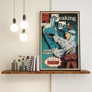 May include: A comic book cover with a blue and white background. The title is "Breaking Bad" with the chemical symbol for Barium (Ba) in the middle. The cover features a man in a white lab coat holding a large flask of blue liquid. The text below the image reads "Jesse Cooks! But is he manipulated by FRING?"