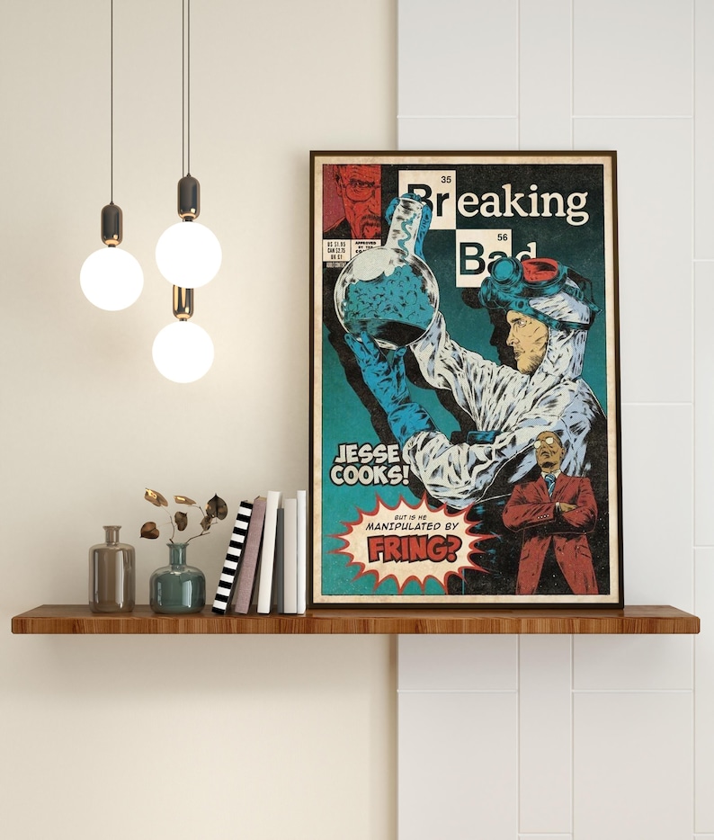 May include: A comic book cover with a blue and white background. The title is "Breaking Bad" with the chemical symbol for Barium (Ba) in the middle. The cover features a man in a white lab coat holding a large flask of blue liquid. The text below the image reads "Jesse Cooks! But is he manipulated by FRING?"