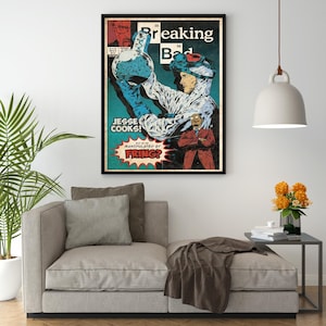 May include: A comic book cover featuring a character in a white lab coat holding a beaker of blue liquid. The cover is titled "Breaking Bad" and features the text "Jesse Cooks!" and "But is he manipulated by FRING?"