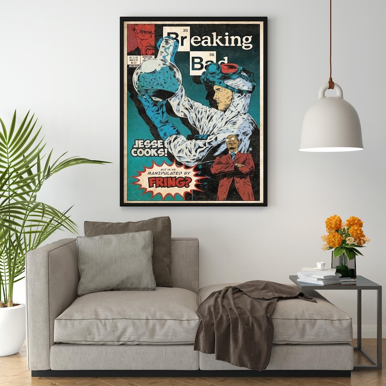May include: A comic book cover featuring a character in a white lab coat holding a beaker of blue liquid. The cover is titled "Breaking Bad" and features the text "Jesse Cooks!" and "But is he manipulated by FRING?"
