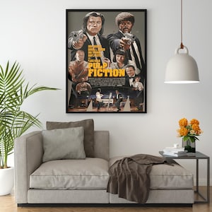 May include: A movie poster for the film Pulp Fiction, featuring John Travolta, Samuel L. Jackson, Uma Thurman, Bruce Willis, and others. The poster is in a black frame and has a yellow and black color scheme.