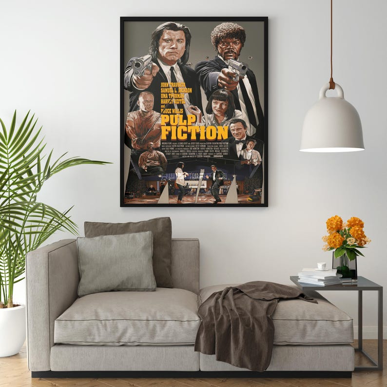 May include: A movie poster for the film Pulp Fiction, featuring John Travolta, Samuel L. Jackson, Uma Thurman, Bruce Willis, and others. The poster is in a black frame and has a yellow and black color scheme.