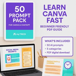 Può includere: L'immagine presenta risorse per l'apprendimento digitale, tra cui un laptop, un blocco note e guide stampate. Il testo sui materiali recita "50 Prompt Pack" e "Learn Canva Fast", suggerendo una guida per Canva e ChatGPT. Le risorse sono progettate come download PDF per principianti.