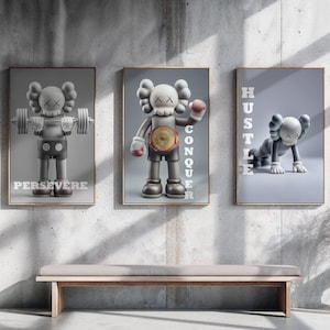 KAWS Boxing Champion Poster Set, Hypebeast Minimalist Gym Wall Art, Digital Download Push-Up and Weightlifting KAWS Prints