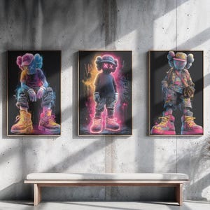 KAWS Inspired Neon Graffiti Wall Art Set, Urban Streetwear Digital Poster, Modern Hypebeast Printable Wall Decor