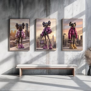 KAWS Girl Pink Cityscape Art Prints: Hypebeast Fashion Decor (Set of 3, Digital Download)