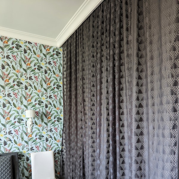 Dark Grey Voile, Tulle with Embroidered Triangles, Gray Semi-transparent Triangle Pattern Curtains