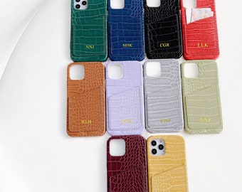 Personalized Croc Leather iPhone 17/16 Plus/16 Pro/16 Pro Max Case with Card Holder, Monogram iPhone 15,14,13,12,16,17Pro,Pro Max Case