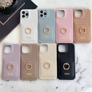 Personalised Pebble Leather IPhone 17,16,15,Plus,Pro,16 Pro Max Case  with Card Holder, Custom Phone Cover, Finger Ring Buckle Bracket