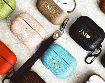Customized AirPods Pro Pebble Genuine Leather Case With Keychain Clip,Monogram Airpods 1/2/3/Pro Genuine Pebble Leather Case With Hand Strap