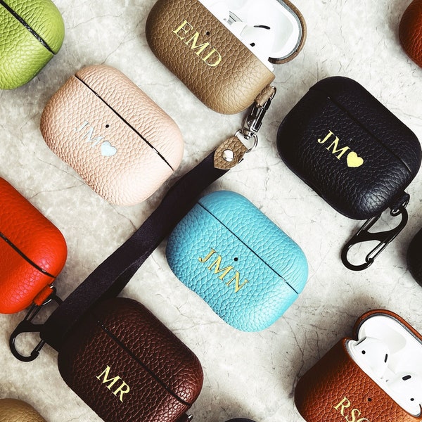 Customized AirPods Pro Pebble Genuine Leather Case With Keychain Clip,Monogram Airpods 1/2/3/Pro Genuine Pebble Leather Case With Hand Strap