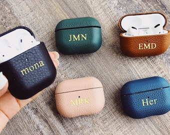 Customized AirPods Pro3 Pebble Leather Case Cover, Personalized AirPods 1/2 Pebble Leather Case, Monogram Leather Airpods Case Cover