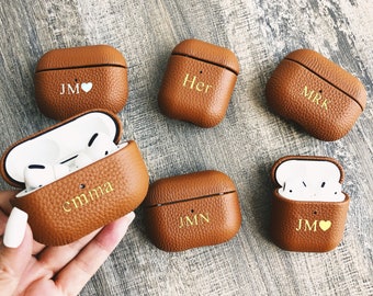 Personalized AirPods/AirPods Pro Pebble Leather Case Cover, Customized AirPods Pro Pebble Leather Case, Monogram Leather Airpods Case