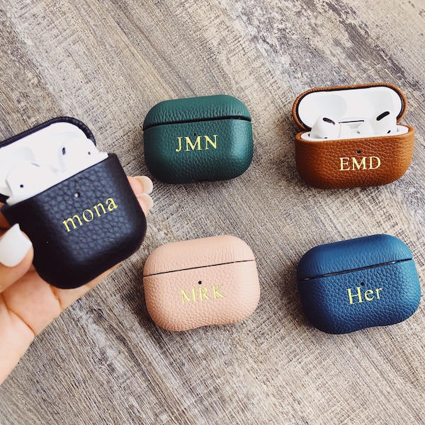 Monogrammed AirPods/AirPods Pro Pebble Leather Case Cover, Personalized AirPods Pro Pebble Leather Case, Initials Leather Airpods Case Cover