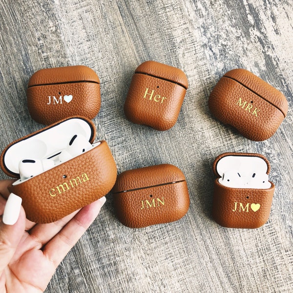 Personalized AirPods/AirPods Pro Pebble Leather Case Cover, Customized AirPods Pro Pebble Leather Case, Monogram Leather Airpods Case