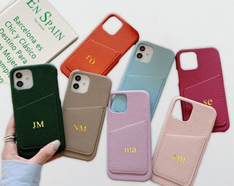 Personalized Pebble leather iPhone Case with Wallet, Custom Monogram initial Leather iPhone 15,14,13,12,11,16,17 Pro,Pro Max Case