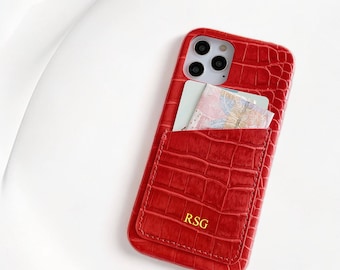 10 Colors Personalised Croc Leather iPhone Case with Card Holder, Monogram Initial iPhone 15,14,13,12,11,Plus,Pro,Pro Max Case, Gift Idea