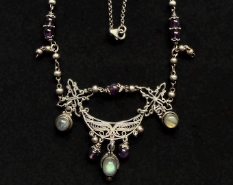 925 Sterling Silver Filigree Necklace | Natural Labradorite & Amethyst | Artisan Statement Necklace | Antique Silver | Festival whimsigoth